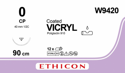 Викрил фиолетовый Ethicon М3.5 (0) 90 см, игла обратно-режущая CP, №12 - W9420