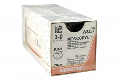 Монокрил фиолетовый Ethicon М2 (3/0) 70 см, игла колющая RB-1, №12 - W3437