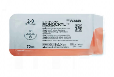 Монокрил фиолетовый Ethicon М3 (2/0) 70 см, игла колющая SH, №12 - W3448
