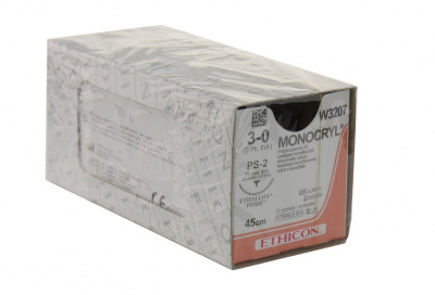 Монокрил неокрашенный Ethicon М2 (3/0) 45 см, П-игла обратно-режущая PS-2, №12 - W3207
