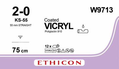 Викрил неокрашенный Ethicon М3 (2/0) 75 см, игла режущая прямая KS-55, №12 - W9713