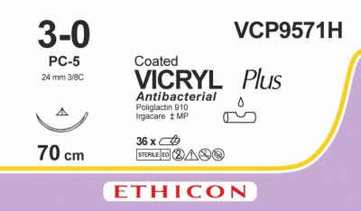Викрил Плюс неокрашенный Ethicon М2 (3/0) 70 см, игла режущая РС-5 прайм, №36 - VCP9571H