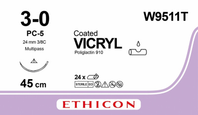 Викрил неокрашенный Ethicon М2 (3/0) 45 см, игла режущая PC-5 прайм, №24 - W9511T