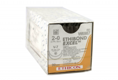 Этибонд Эксель неокрашенный Ethicon М3 (2/0) 90 см, две иглы колюще-режущие ТАПЕРКАТ V-7, №12 - W6987