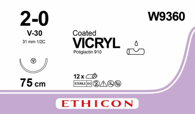 Викрил фиолетовый Ethicon М3 (2/0) 75 см, игла колющая ТАПЕРКАТ V-30, №12 - W9360