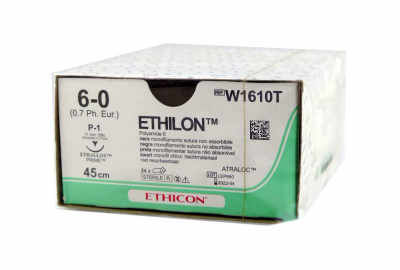 Этилон черный Ethicon М0.7 (6/0) 45 см, игла обратно-режущая P-1, №24 - W1610T