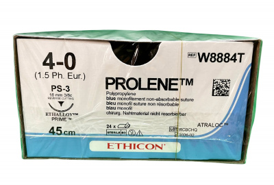 Пролен синий Ethicon М1.5 (4/0) 45 см, игла обратно-режущая PS-3 прайм, №24 - W8884T