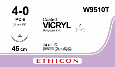 Викрил неокрашенный Ethicon М1.5 (4/0) 45 см, игла режущая PC-5, №24 - W9510T