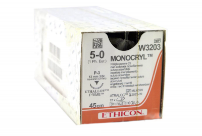 Монокрил неокрашенный Ethicon М1 (5/0) 45 см, игла обратно-режущая P-3 прайм, №12 - W3203