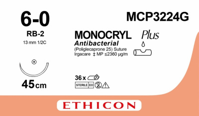 Монокрил Плюс фиолетовый Ethicon М0.7 (6/0) 45 см, игла колющая RB-2, №12 - MCP3224G