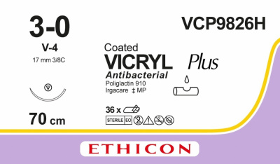 Викрил Плюс неокрашенный Ethicon М2 (3/0) 70 см, игла колюще-режущая ТАПЕРКАТ V-4, №36 - VCP9826H