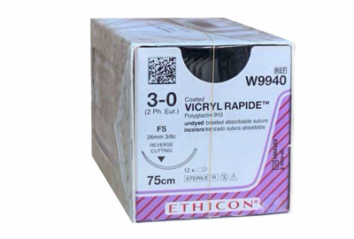 Викрил Рапид неокрашенный Ethicon М2 (3/0) 75 см, игла обратно-режущая FS, №12 - W9940