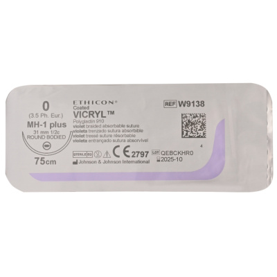 Викрил фиолетовый Ethicon М3.5 (0) 75 см, игла колющая MH-1 Plus, №12 - W9138