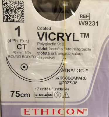 Викрил фиолетовый Ethicon М4 (1) 75 см, игла колющая CT, №12 - W9231