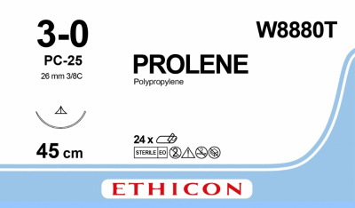 Пролен синий Ethicon М2 (3/0) 45 см, игла режущая PC-25 прайм, №24 - W8880T
