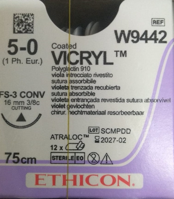 Викрил фиолетовый Ethicon М1.0 (5/0) 75 см, игла обратно-режущая FS-3 CONV, №12 - W9442