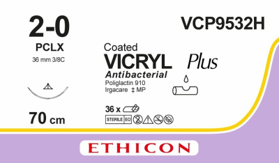Викрил Плюс неокрашенный Ethicon М3 (2/0) 70 см, игла режущая РСLX прайм, №36 - VCP9532H