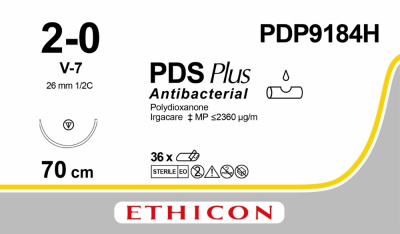 ПДС ПЛЮС Антибактериальный фиолетовый Ethicon М3.0 (2/0) 70 см, игла колющая ТАПЕРКАТ V-7, №36 - PDP9184H