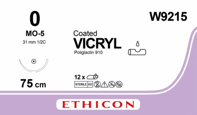 Викрил фиолетовый Ethicon М3.5 (0) 75 см, игла колющая МО-5, №12 - W9215