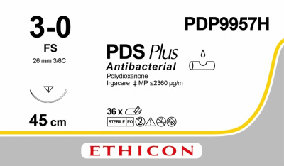 ПДС ПЛЮС Антибактериальный неокрашенный Ethicon М2 (3/0) 45 см, игла обратно-режущая FS, №36 - PDP9957H