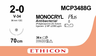 Монокрил Плюс фиолетовый Ethicon М3 (2/0) 70 см, игла колюще-режущая V-34, №12 - MCP3488G
