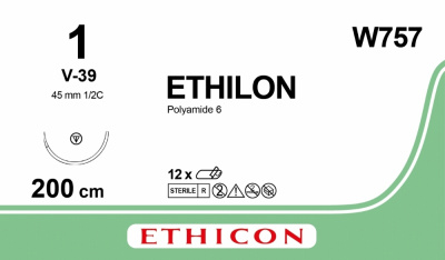 Этилон черный Ethicon М4 (1) петля 200 см, игла колюще-режущая ТАПЕРКАТ V-39, №12 - W757