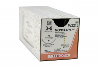 Монокрил неокрашенный Ethicon М2 (3/0) 70 см, игла обратно-режущая PS прайм, №12 - W3213