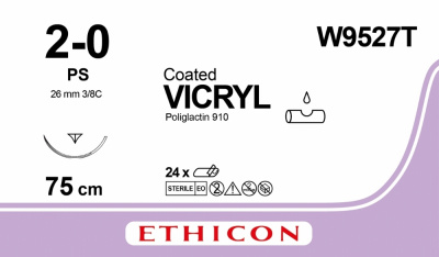 Викрил неокрашенный Ethicon 3 (2/0) 75 см, игла обратно-режущая PS прайм, №24 - W9527T