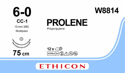 Пролен синий Ethicon М0.7 (6/0) 75 см, две иглы колющие СС-1 MP, №12 - W8814
