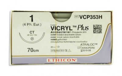 Викрил Плюс фиолетовый Ethicon М4 (1) 70 см, игла колющая CT-1, №36 - VCP353H