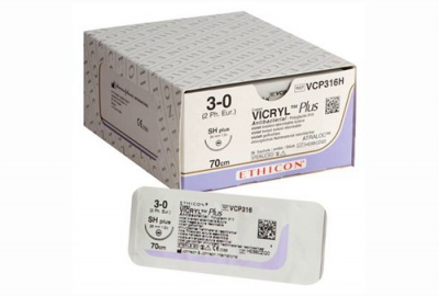 Викрил Плюс фиолетовый Ethicon М2 (3/0) 70 см, игла колющая SH PLUS, №36 - VCP316H