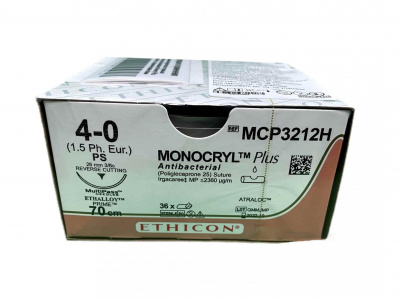 Монокрил Плюс неокрашенный Ethicon М1.5 (4/0) 70 см, игла обратно-режущая PS prime, №36 - MCP3212H