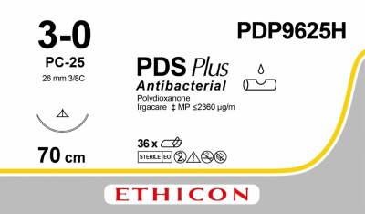 ПДС ПЛЮС Антибактериальный неокрашенный Ethicon М2 (3/0) 70 см, игла режущая PC-25 прайм, №36 - PDP9625H