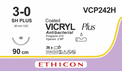 Викрил Плюс фиолетовый Ethicon М2 (3/0) 70 см, игла колющая SH Plus, №36 - VCP242H