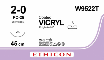 Викрил неокрашенный Ethicon М3 (2/0) 45 см, игла режущая РС-25 прайм, №24 - W9522T