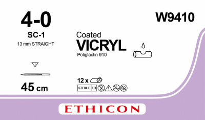 Викрил фиолетовый Ethicon М1.5 (4/0) 45 см, игла прямая режущая SC-1, №12 - W9410