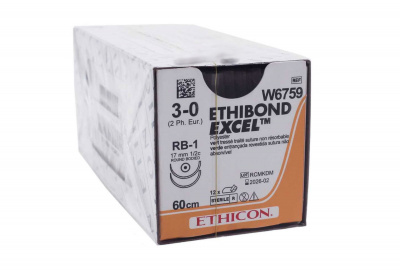 Этибонд Эксель зеленый Ethicon М2.0 (3/0) 60 см, две иглы колющие RB-1, №12 - W6759