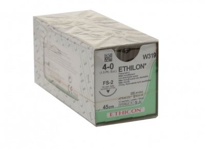 Этилон синий Ethicon М1.5 (4/0) 45 см, игла обратно-режущая FS-2, №12 - W319